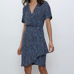 Babaton Navy and White Striped Wrap-Style Mini Dress